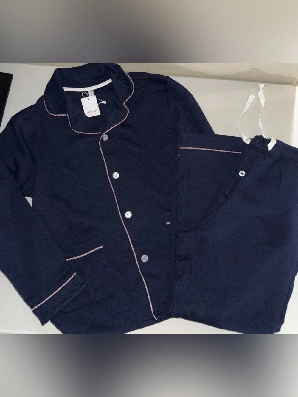 U2SKIN new Navy Quilted Pajama Set with Pink Piping